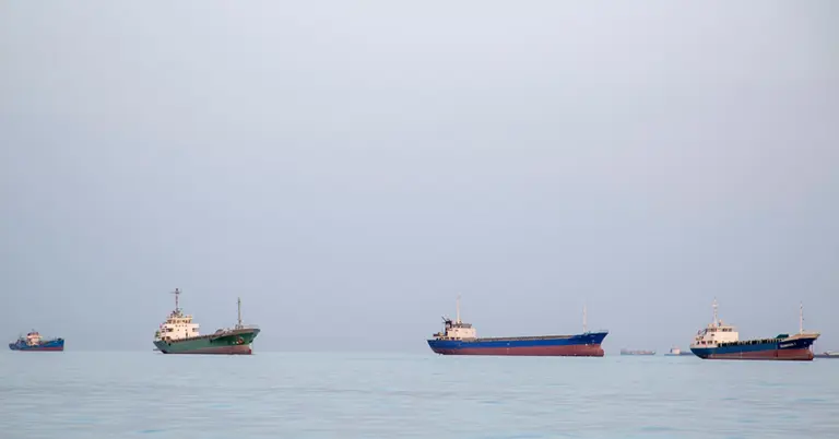 হরমুজ প্রণালিতে ইরানের বন্দর আব্বাস বন্দরের তীরের কাছে নোঙর করা জাহাজ